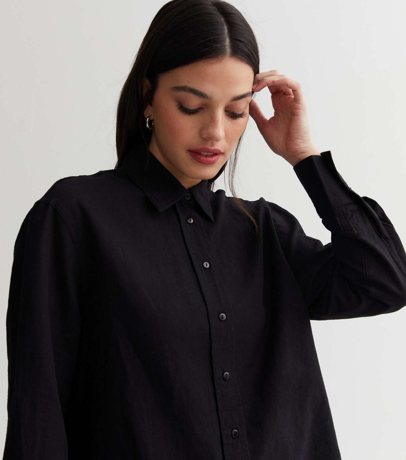 Black Linen-Look Oversized Shirt Image 2