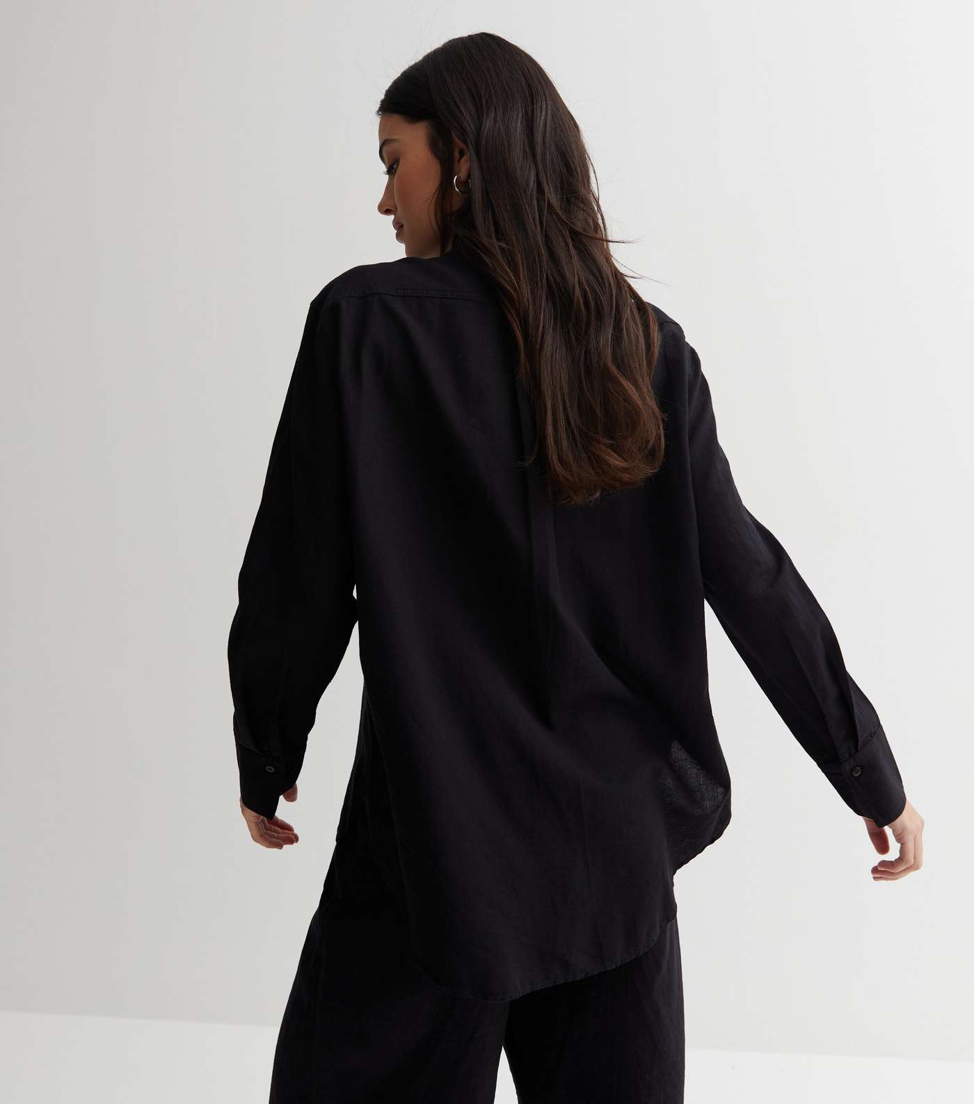 Black Linen-Look Oversized Shirt Image 4