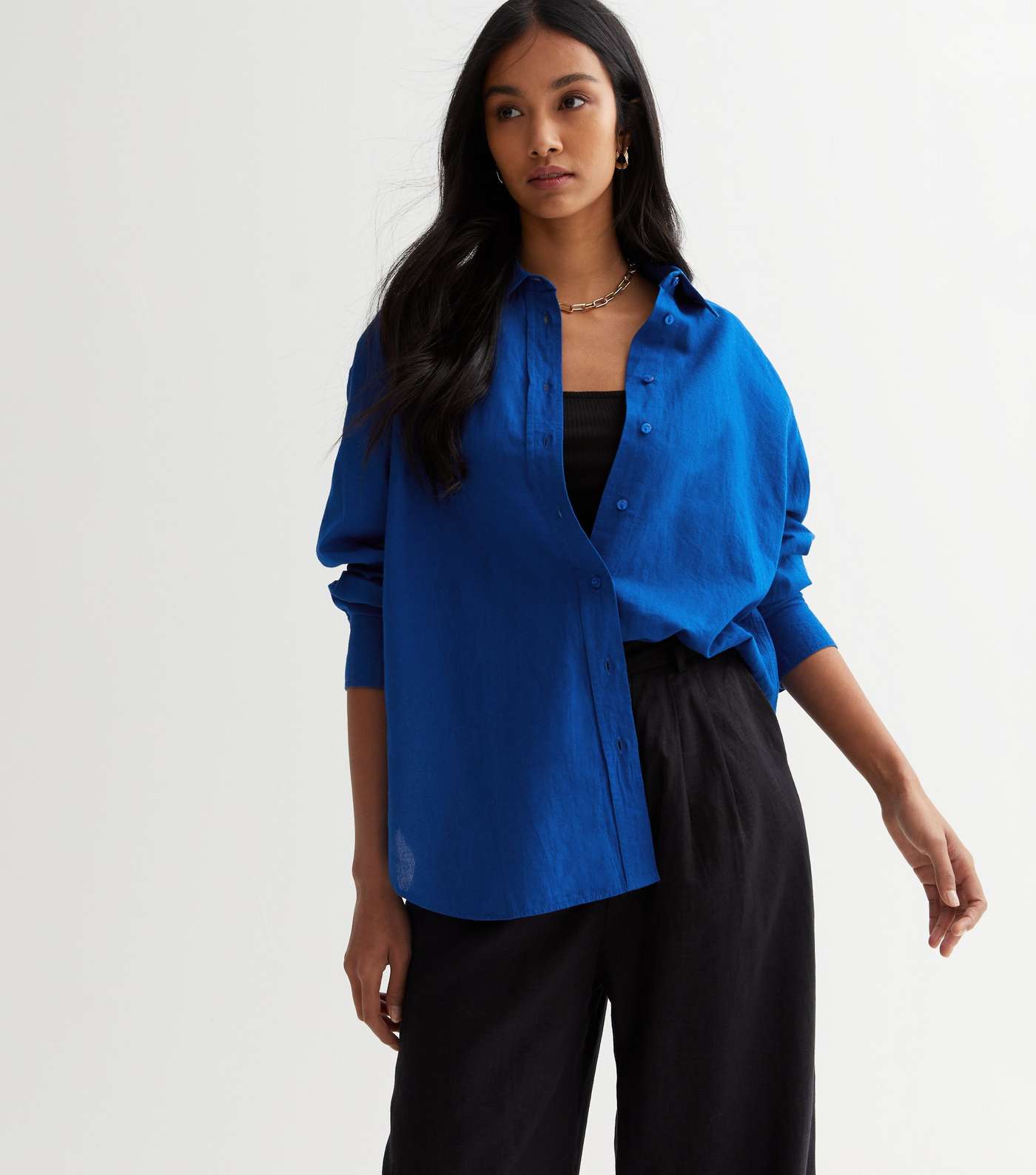 Bright Blue Linen-Look Oversized Shirt Image 2