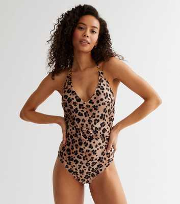 Tall Brown Leopard Print Ring Belted Halter Swimsuit