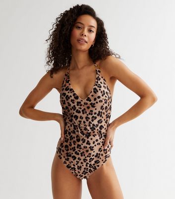 Tall Brown Leopard Print Ring Belted Halter Swimsuit New Look