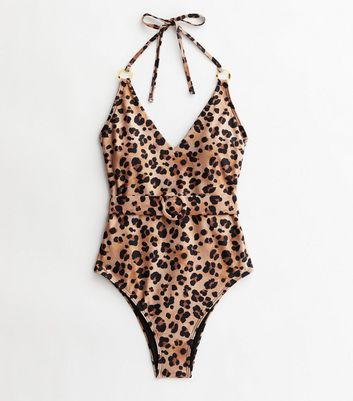 Tall Brown Leopard Print Ring Belted Halter Swimsuit New Look