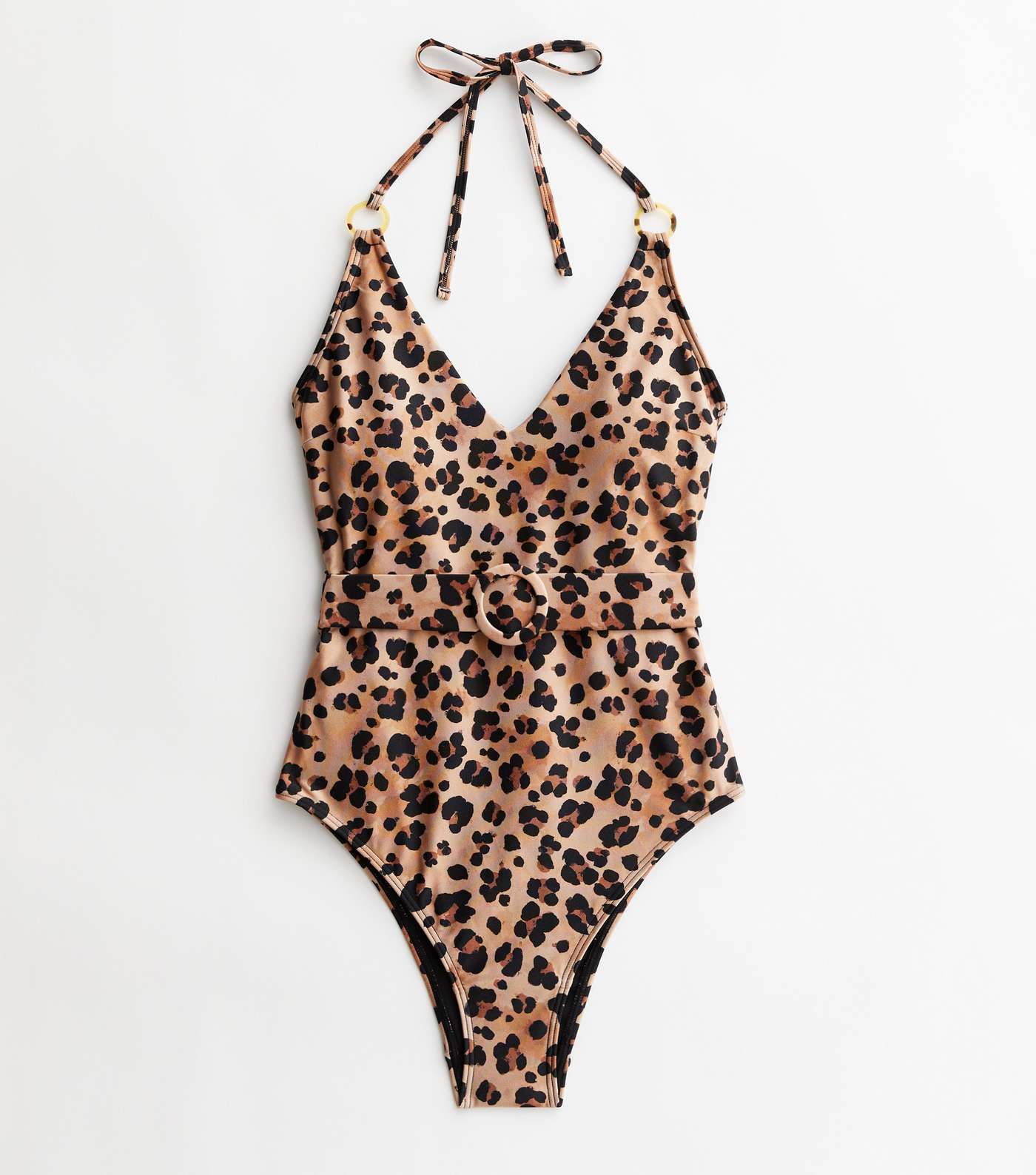 Tall Brown Leopard Print Ring Belted Halter Swimsuit Image 5