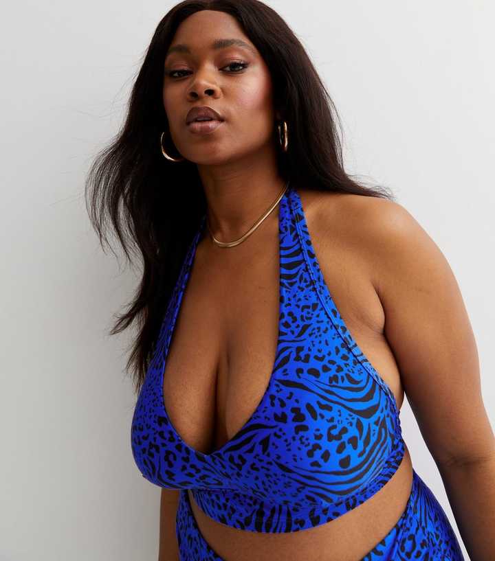 Curves Bright Blue Animal Print Halter Neck Bikini Top