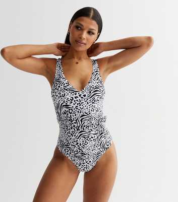 White Animal Print Plunging Wide Belt Swimsuit
