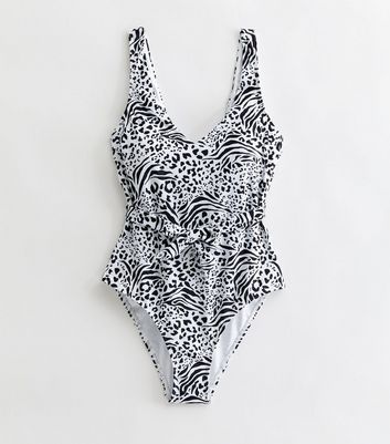 White Animal Print Plunging Wide Belt Swimsuit New Look