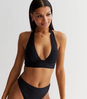 Black Plunging Halter Neck Bikini Top New Look