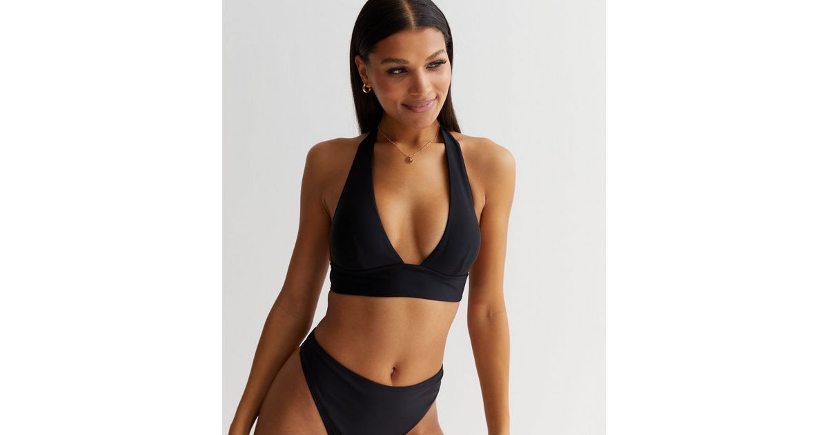 Black Plunging Halter Neck Bikini Top | New Look