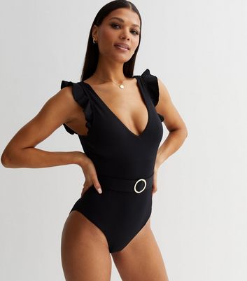 Black Frill Sleeve Belted Swimsuit | New Look