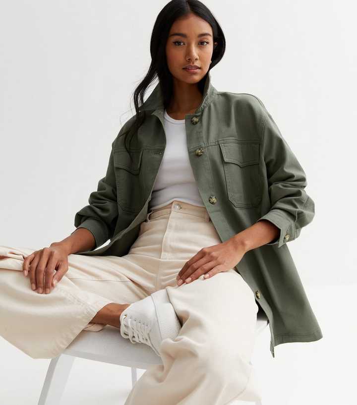 Khaki Cotton Double Pocket Shacket | New Look