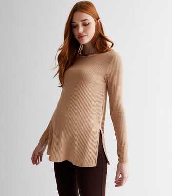 Maternity Light Brown Ribbed Jersey Long Sleeve Split Hem Top