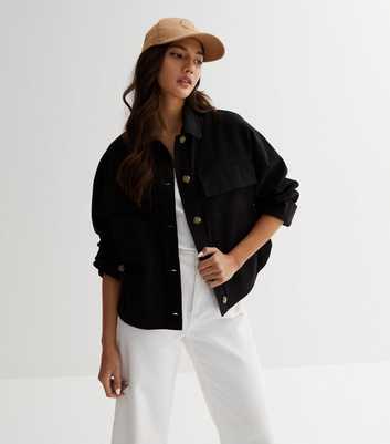 Black Double Pocket Crop Shacket