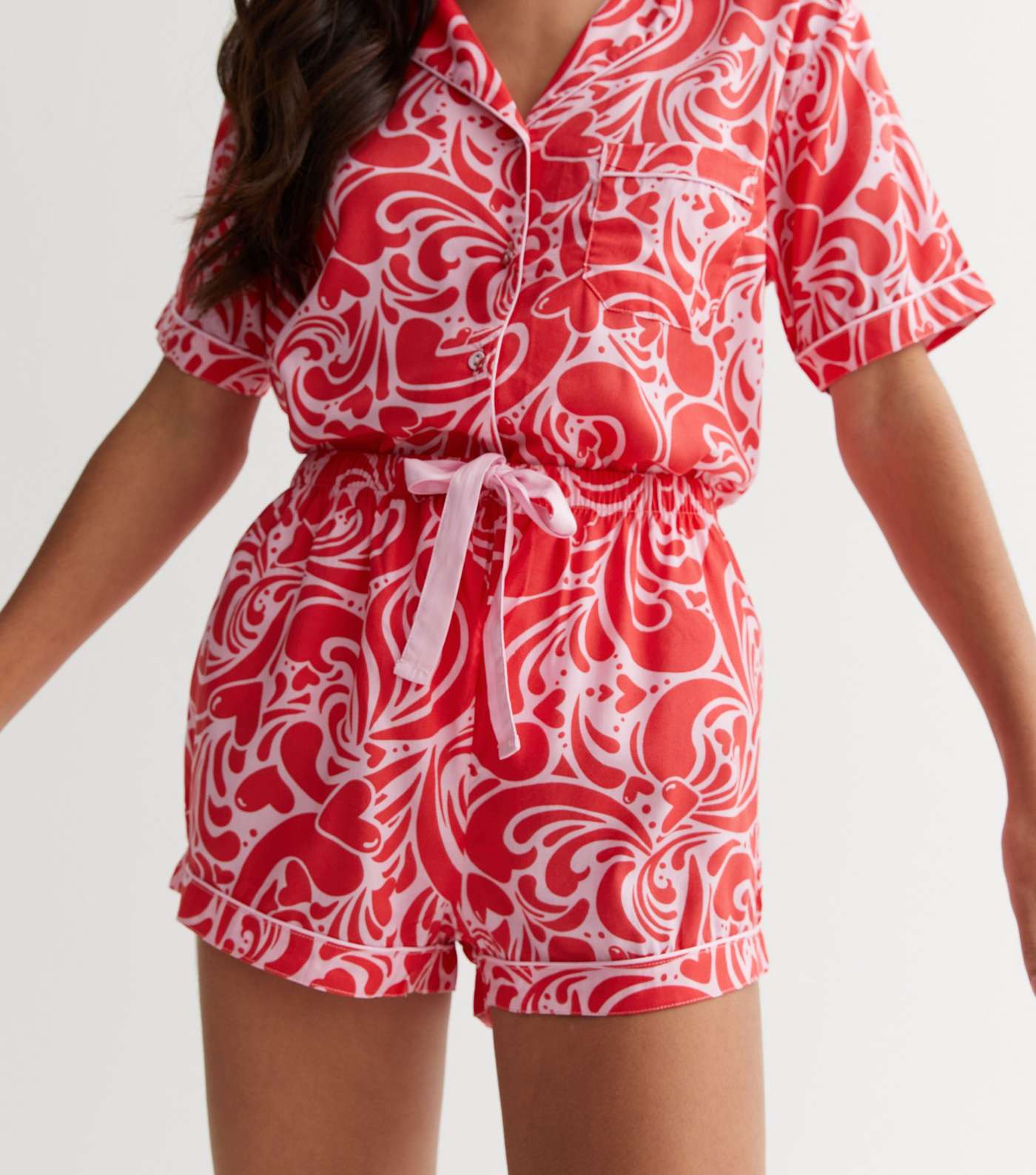 Red Short Pyjama Set with Doodle Heart Print Image 3