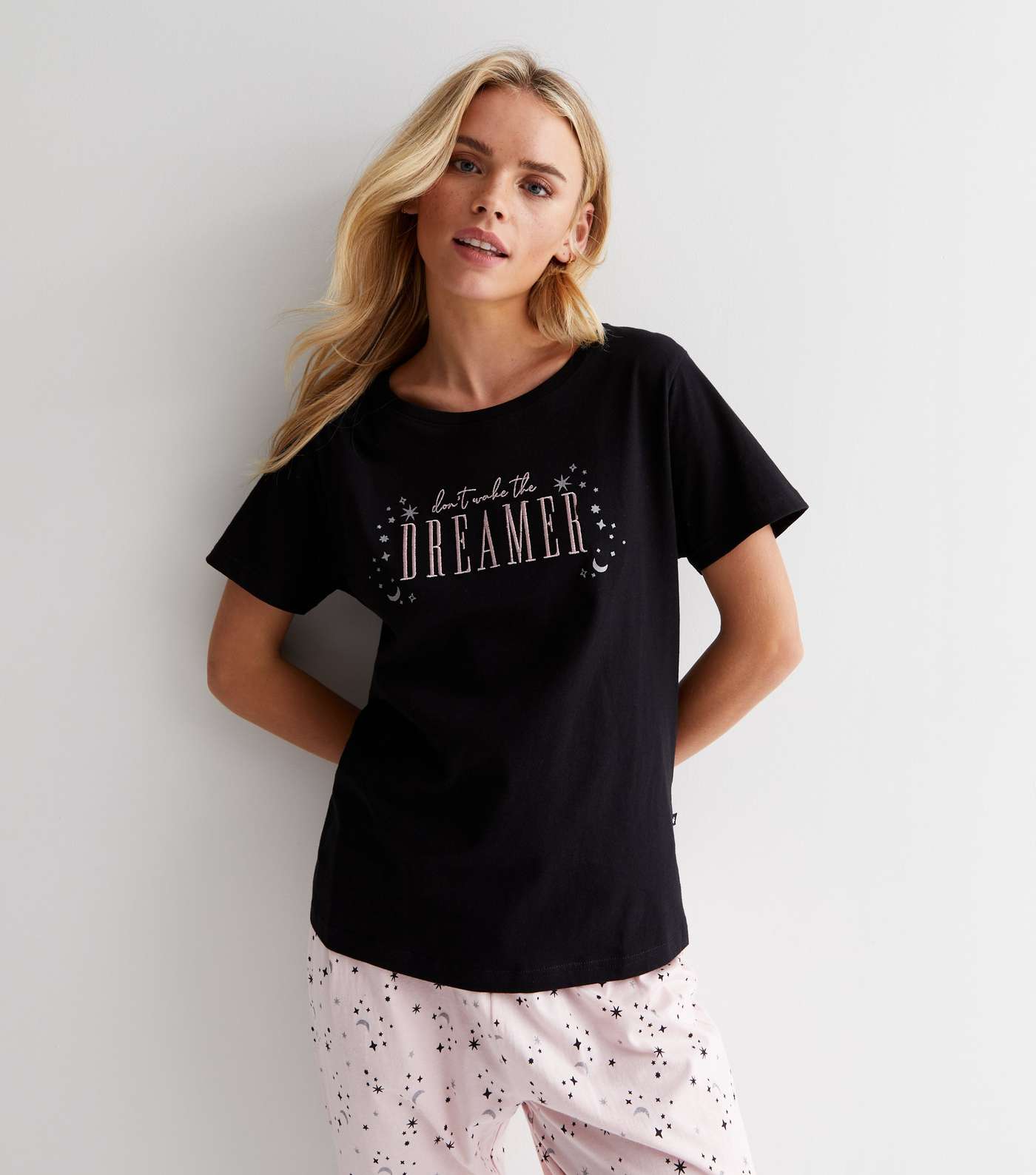 Petite Black Jogger Pyjama Set with Dreamer Embroidery Image 2