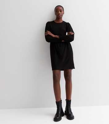 Tall Black Crinkle Long Sleeve Mini Smock Dress