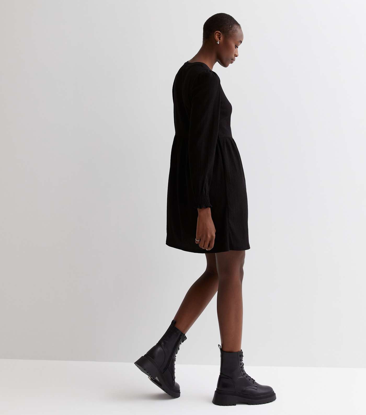 Tall Black Crinkle Long Sleeve Mini Smock Dress Image 4