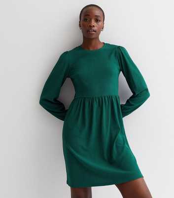 Tall Dark Green Crinkle Long Sleeve Mini Smock Dress