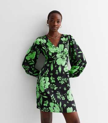 Tall Green Floral Satin Long Sleeve Button Front Mini Dress