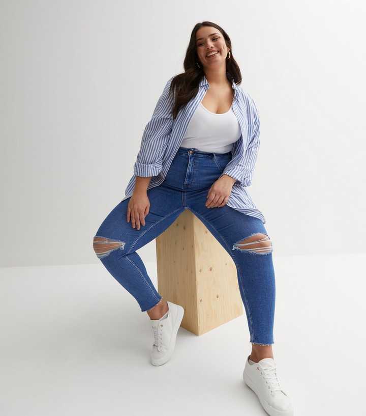 Curves Bright Blue High Waisted Ripped Skinny Jeans | New Look
