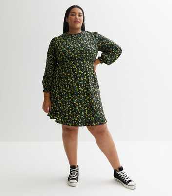 Curves Black Floral Spot Crepe Long Puff Sleeve Mini Tea Dress