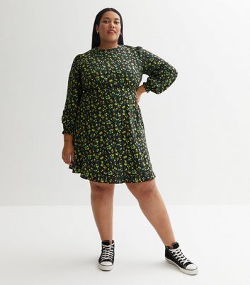 Curves Black Floral Spot Crepe Long Puff Sleeve Mini Tea Dress