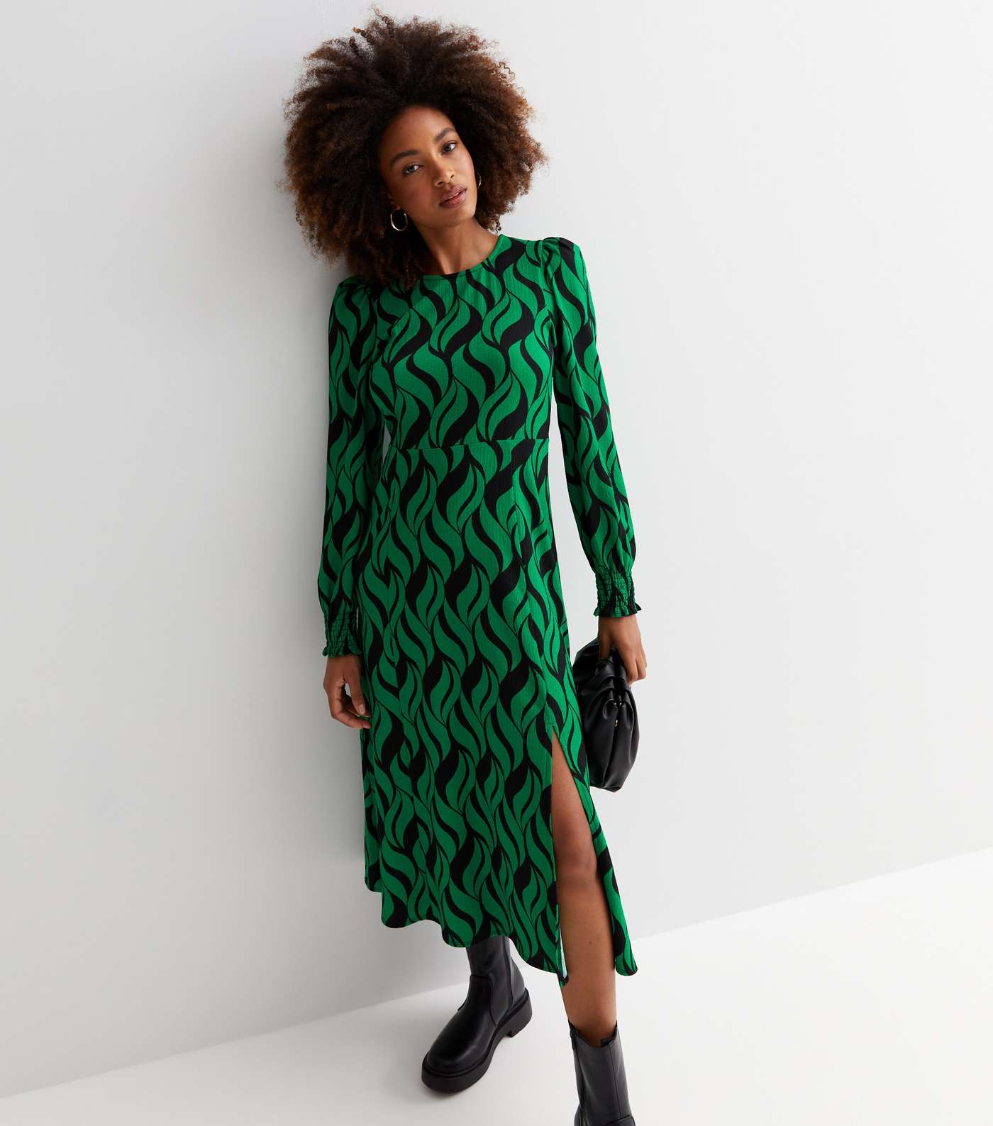 Green Abstract Print Crew Neck Long Sleeve Midi Dress