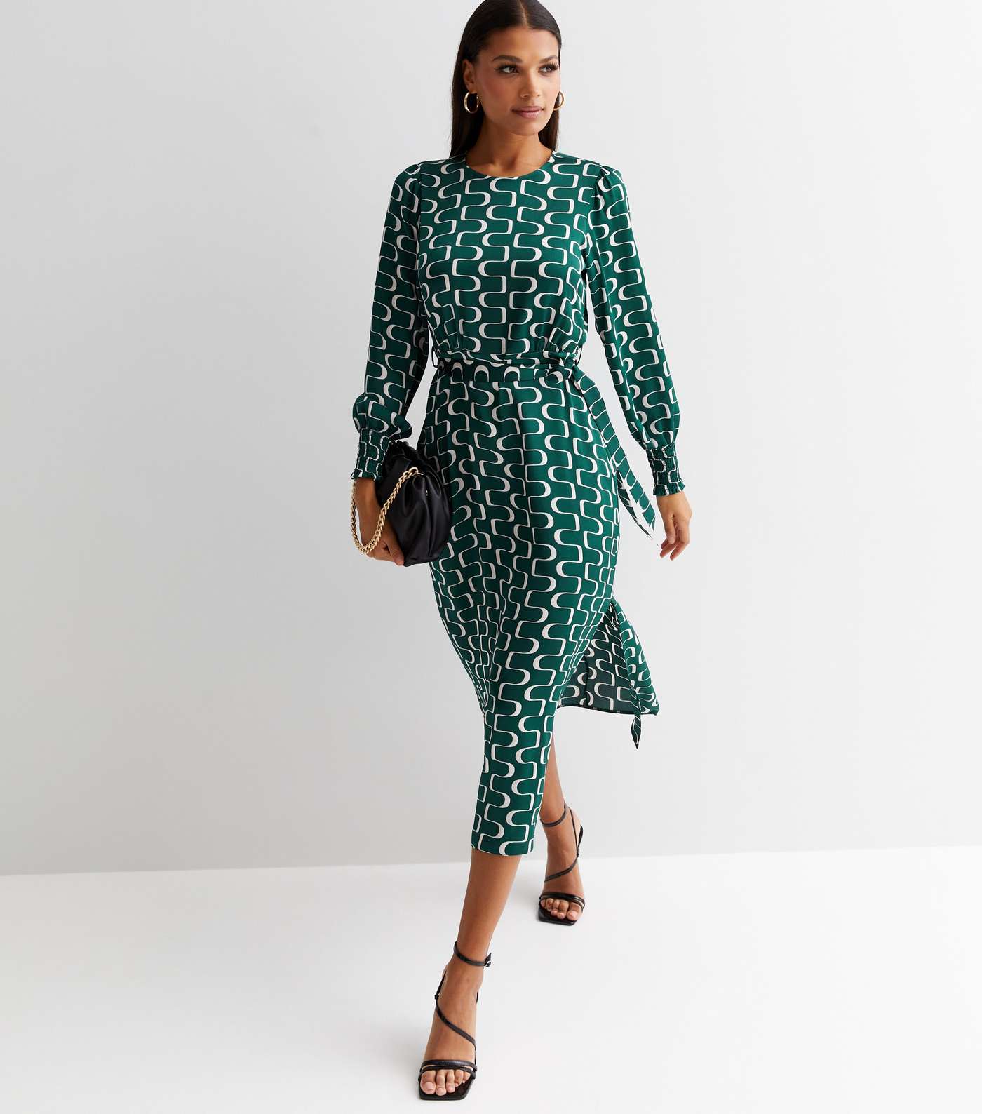 Green Geometric Squiggle Print Satin Belted Midi Dress