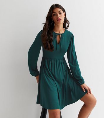 New Look Women's Dark Green Jersey Tie Neck Long Sleeve Mini Dress - UK 8