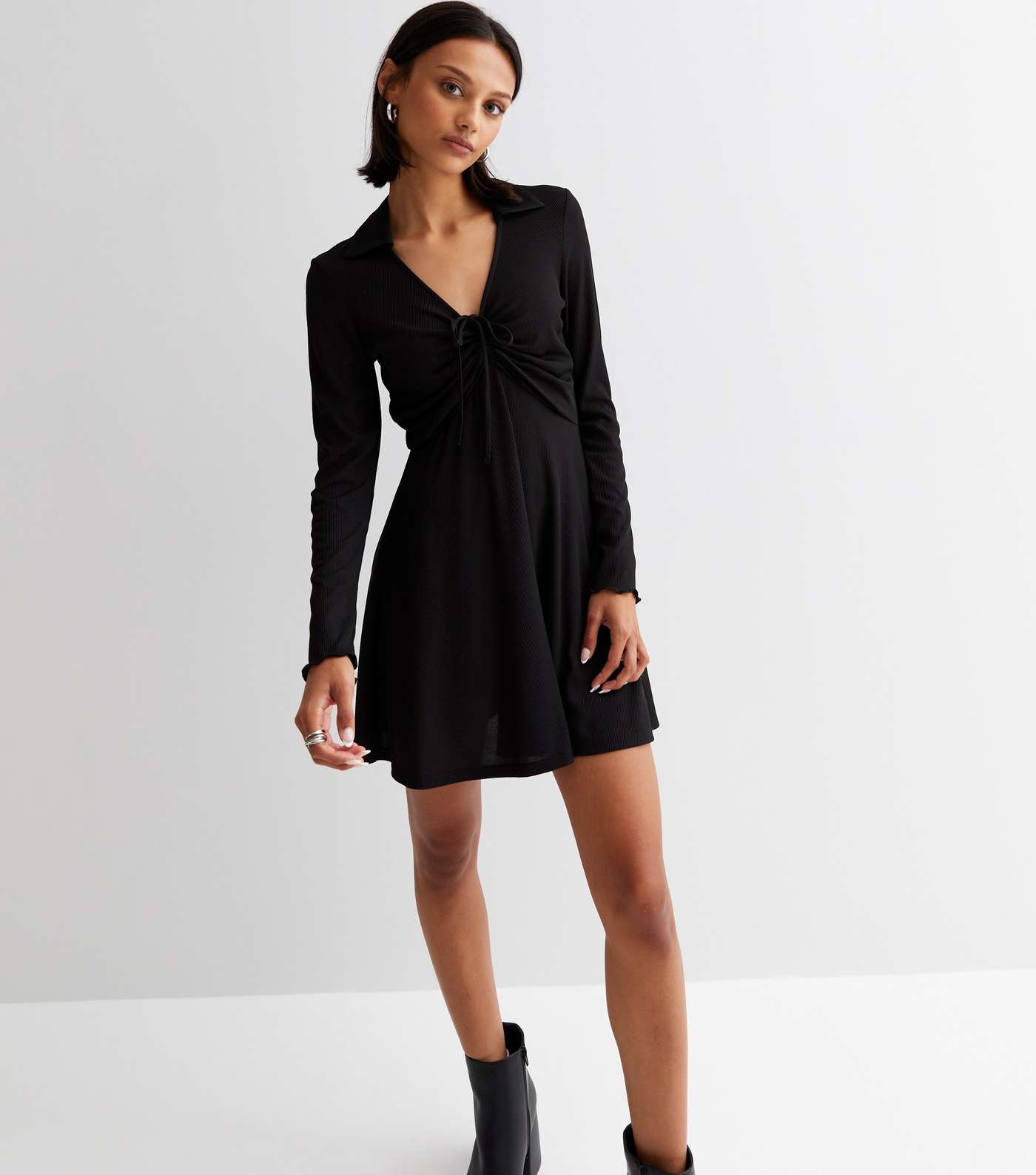 Black Jersey Long Sleeve Ruched Front Mini Dress Image 2
