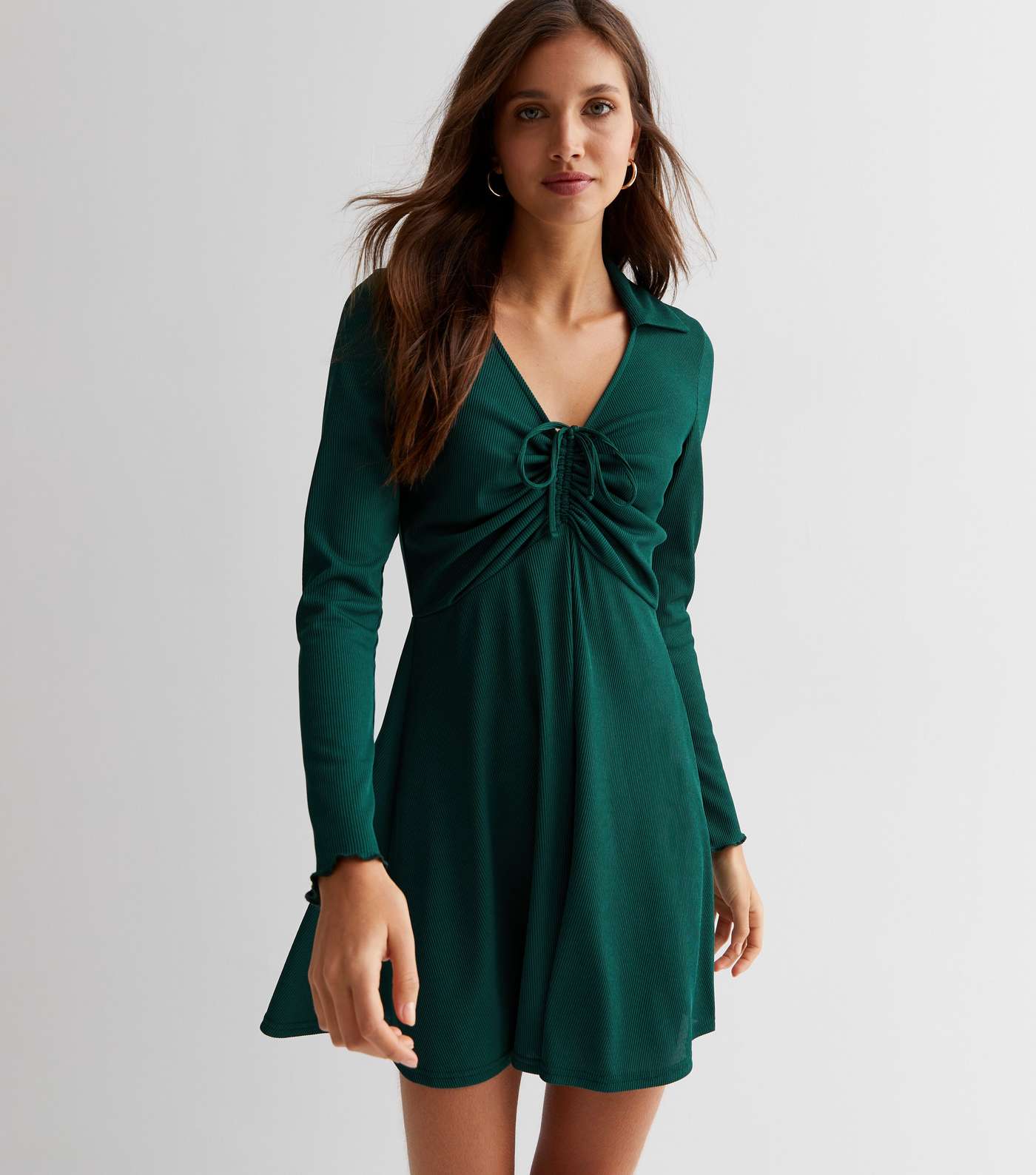 Dark Green Jersey Long Sleeve Ruched Front Mini Dress