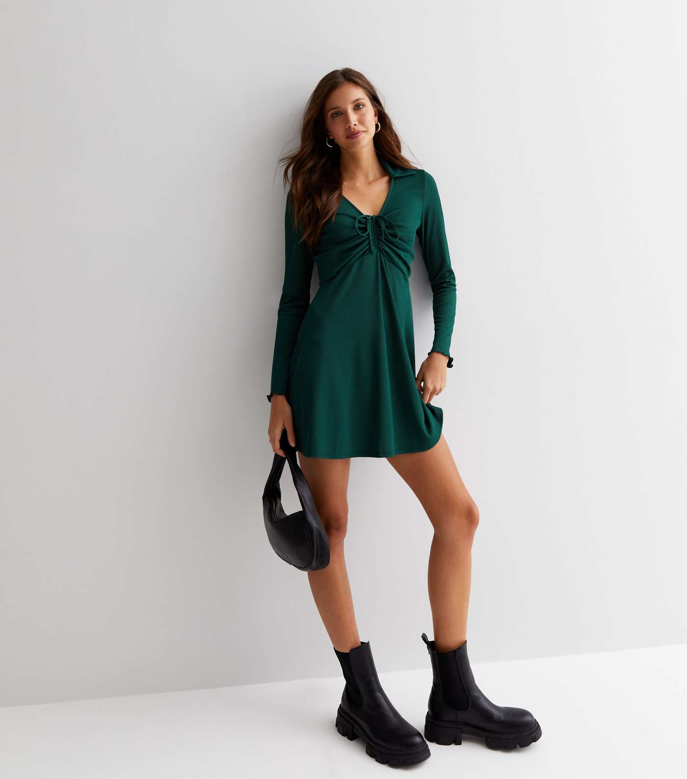 Dark Green Jersey Long Sleeve Ruched Front Mini Dress Image 3