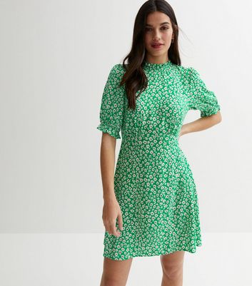 Green Floral Frill Puff Sleeve Mini Dress