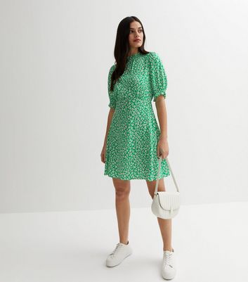 Green Floral Frill Puff Sleeve Mini Dress New Look