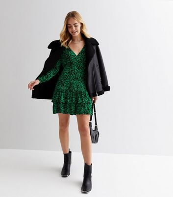 Green Leopard Print V Neck Long Sleeve Tiered Hem Mini Wrap Dress | New Look