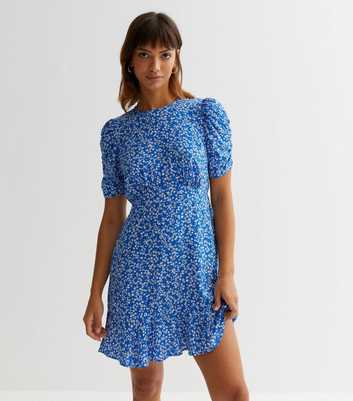 Blue Ditsy Floral Ruched Mini Dress