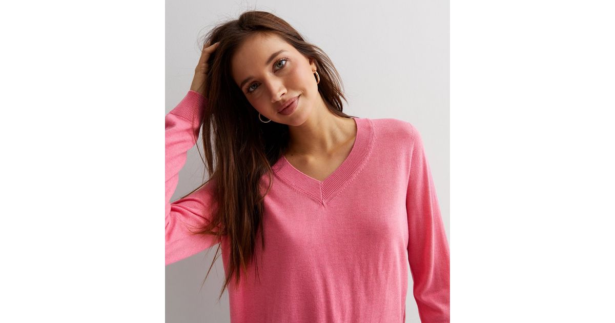 Bright Pink V Neck Fine Knit Jumper | New Look