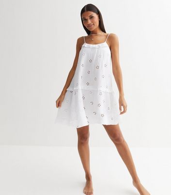 White Floral Broderie Frill Strappy Mini Beach Dress New Look