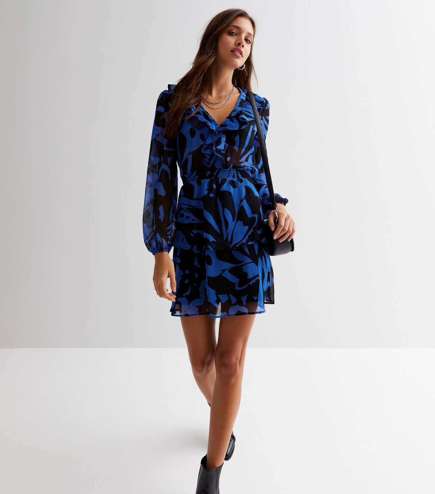 Blue Abstract Chiffon Ruffle Tiered Mini Dress