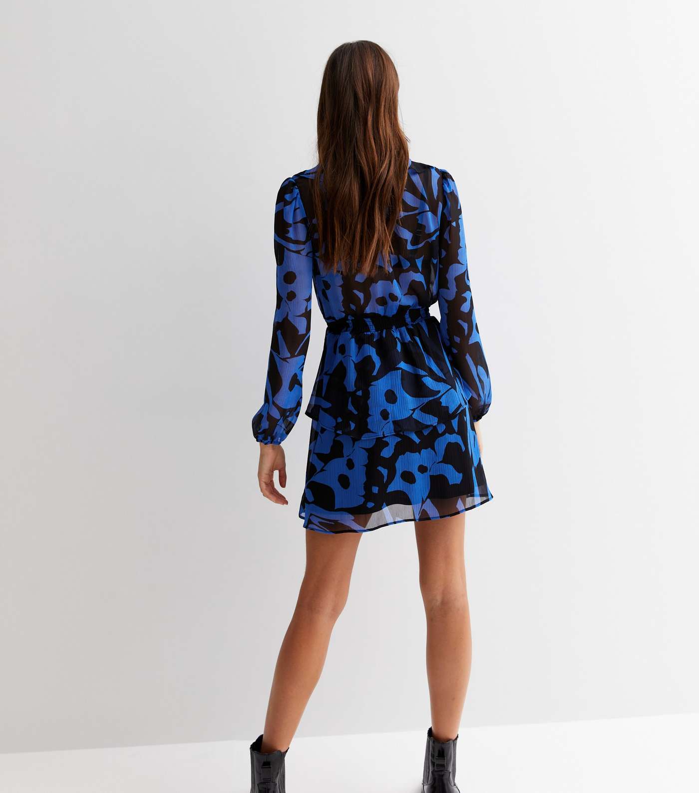 Blue Abstract Chiffon Ruffle Tiered Mini Dress Image 4