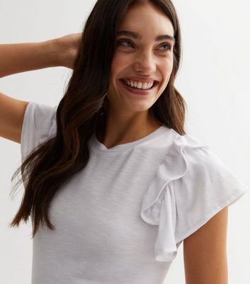 White Fine Knit Double Frill Sleeve T-Shirt | New Look