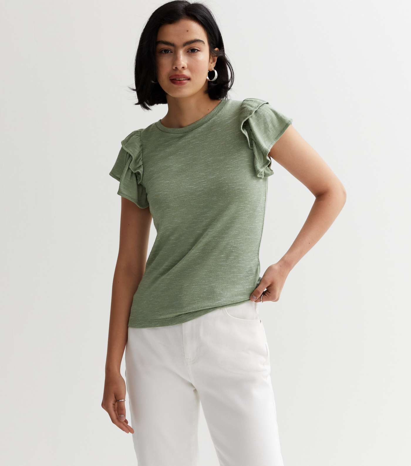 Olive Fine Knit Double Frill Sleeve T-Shirt Image 2