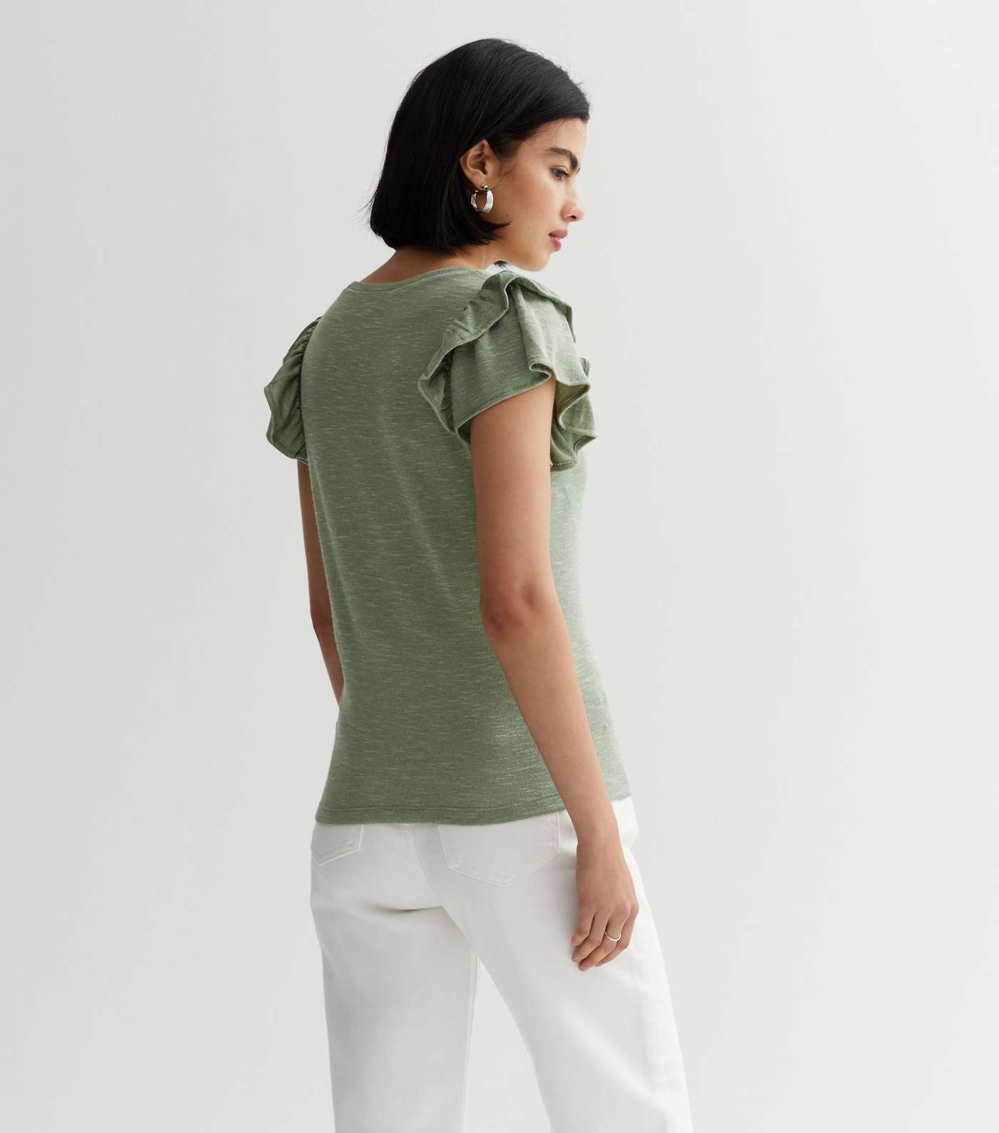 Olive Fine Knit Double Frill Sleeve T-Shirt Image 4