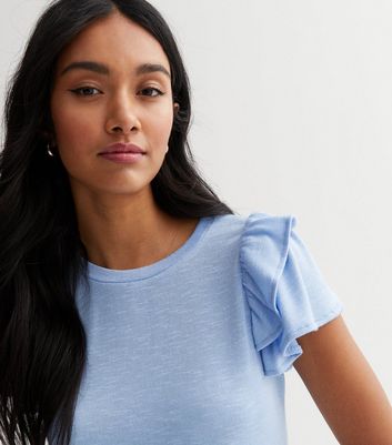 Pale Blue Fine Knit Double Frill Sleeve T-Shirt | New Look