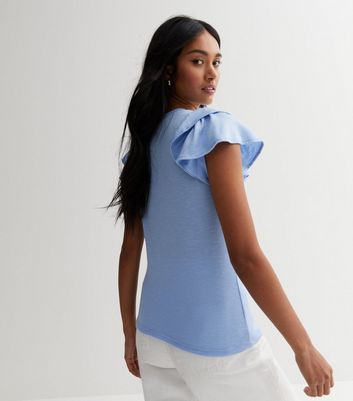 Pale Blue Fine Knit Double Frill Sleeve T-Shirt | New Look