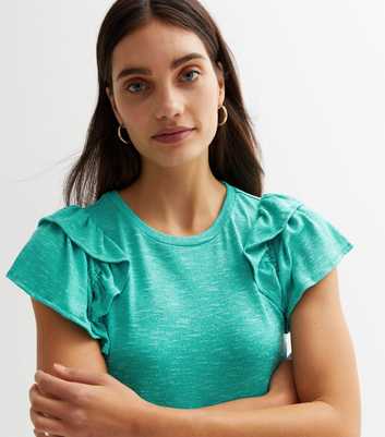 Turquoise Fine Knit Double Frill Sleeve T-Shirt
