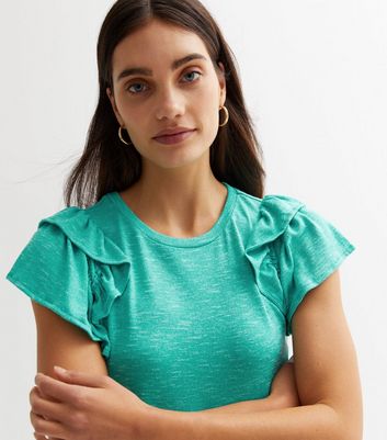Turquoise Fine Knit Double Frill Sleeve T-Shirt | New Look