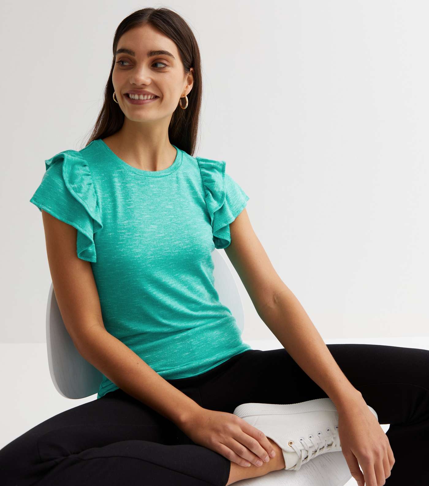 Turquoise Fine Knit Double Frill Sleeve T-Shirt Image 2
