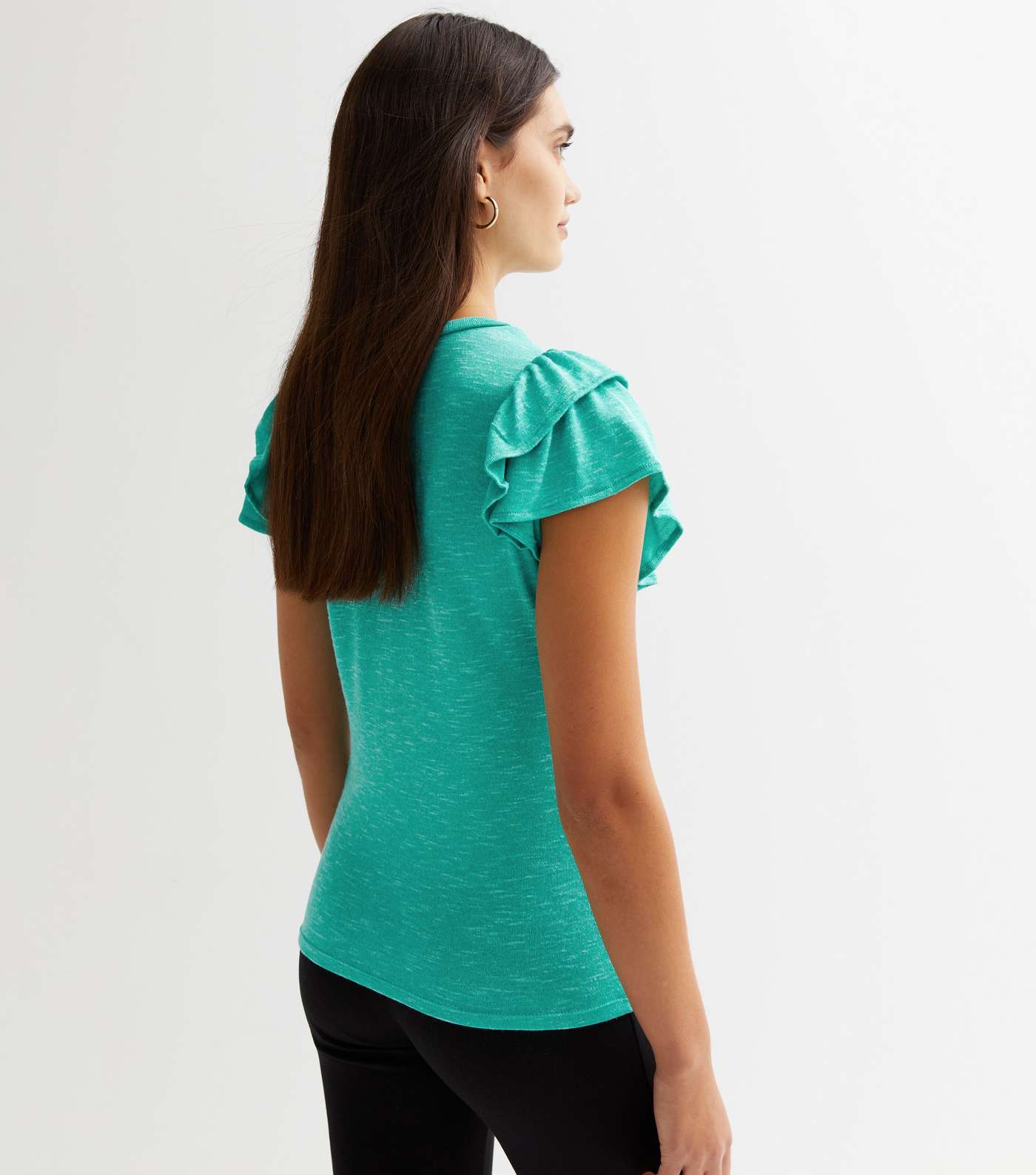 Turquoise Fine Knit Double Frill Sleeve T-Shirt Image 4