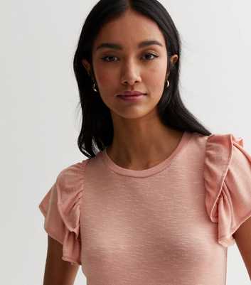 Mid Pink Fine Knit Double Frill Sleeve T-Shirt