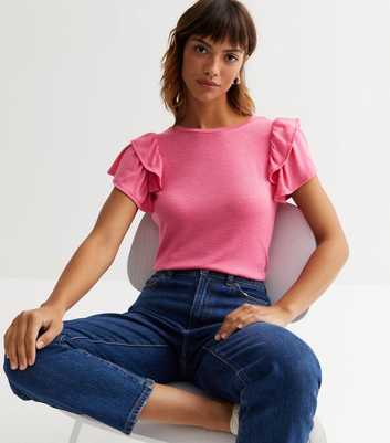 Bright Pink Fine Knit Double Frill Sleeve T-Shirt